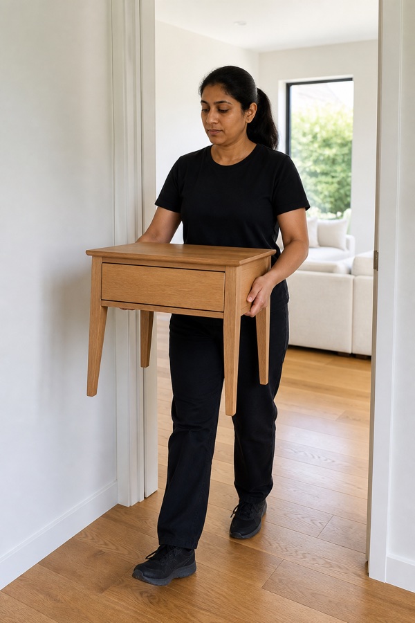 Staff member carefully carrying a side table clear of the wall and doorway