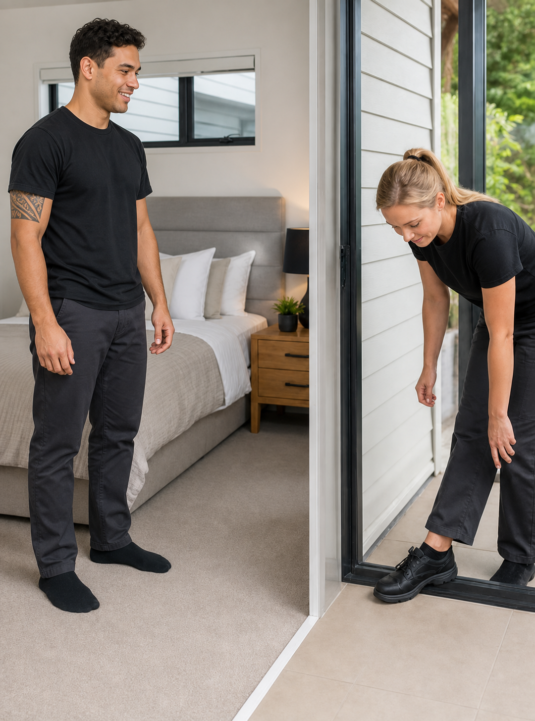 TA Staging man wearing socks inside a staged room while a woman outside keeps her work shoes on