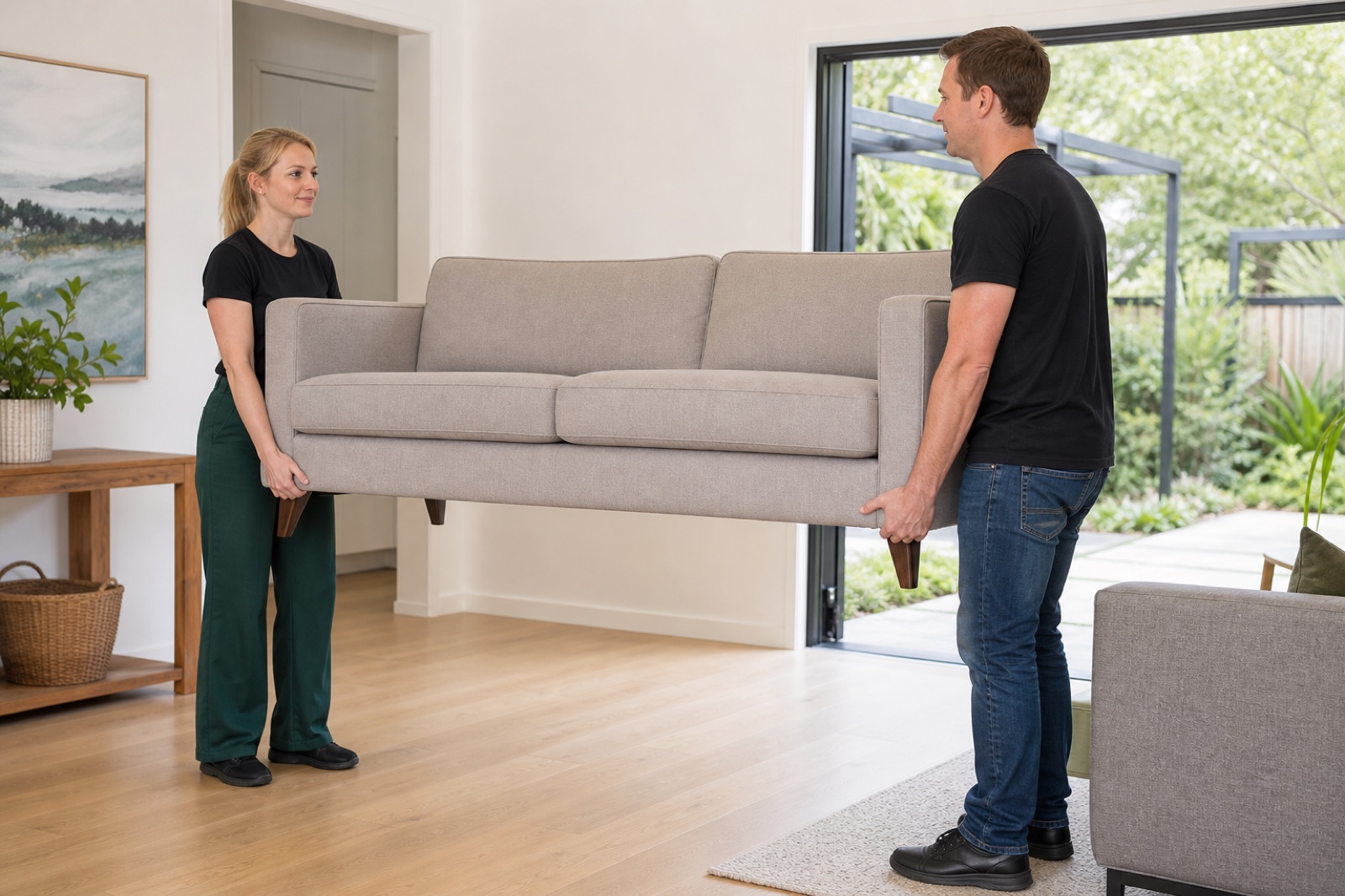 Blonde woman and male colleague facing the sofa and gripping it securely at both ends